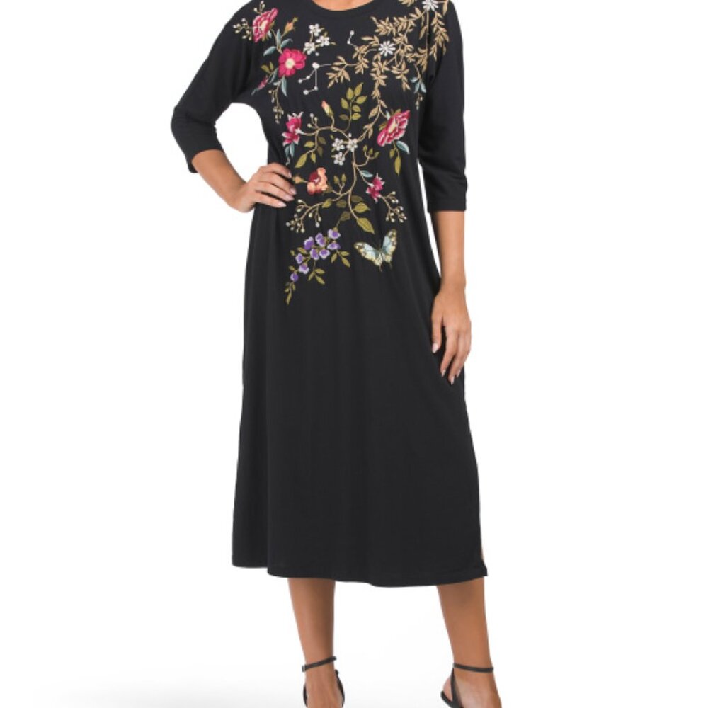NWT Johnny Was  Osaka Dolman Sleeve Knit Dress / Boho Embroidered MIDI Dress -S